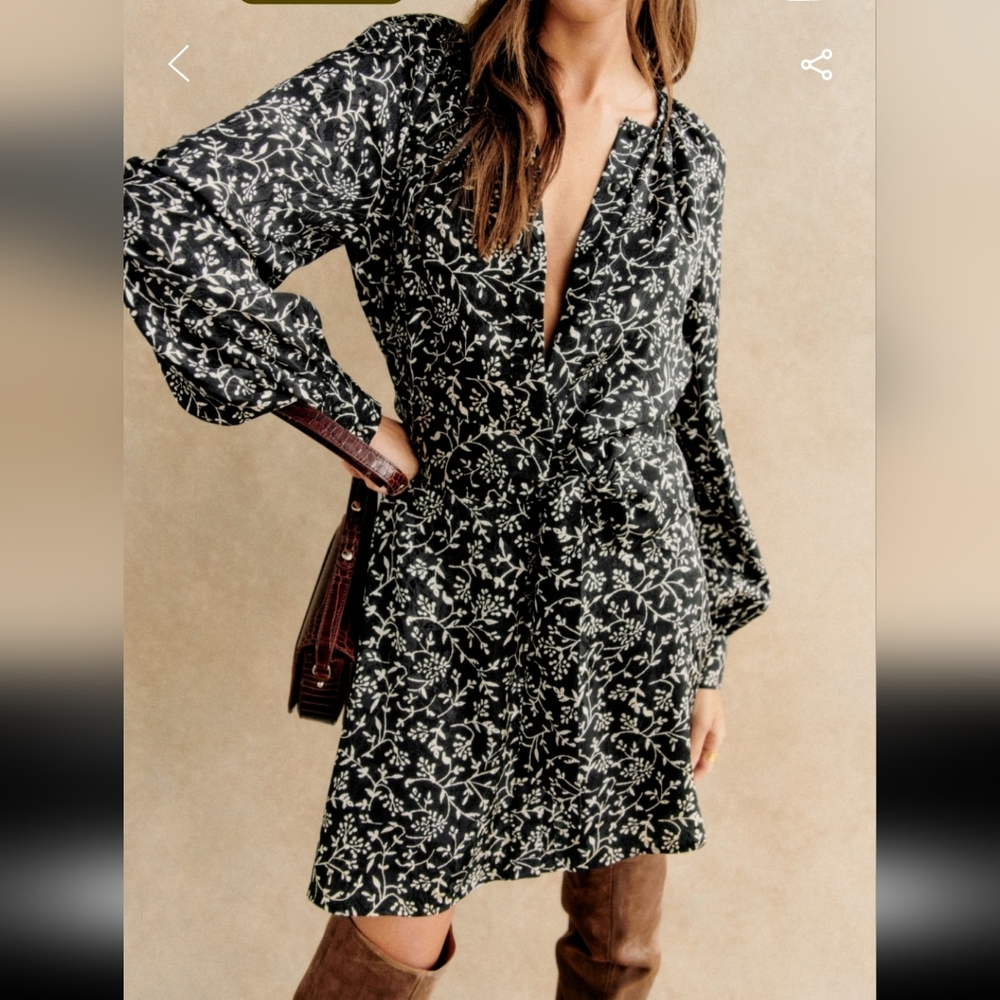 Sezane Merry Black and White Floral Long Sleeve Dress